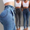 women jeans slim stretch denim fringed waistband high-waisted jeans ropa de mujer
