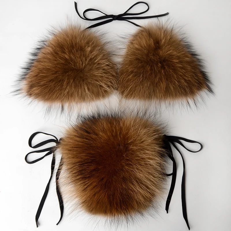 Real Fox Fur Bikini Genuine Raccoon Fur Underwear Sexy Girl Fur