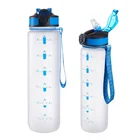 32 oz OEM Plastic Sports Bottle Leak Proof Tritan Motivational Water Bottle with Time Maker, Straw and Strap