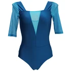 Two color splicing mesh 3/4 sleeve tight bathing suits one piece swimsuit sexy women swimwear
