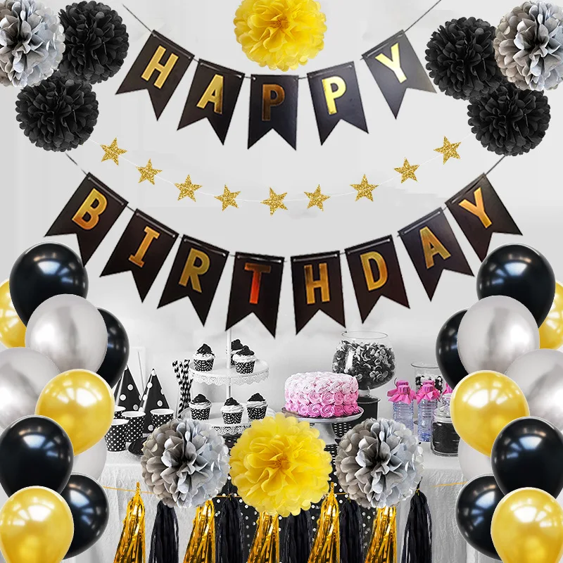 Negro y oro Feliz cumpleaños Banner estrella corazón globos de papel de aluminio 30th 40th 50th 60th 70th decoraciones de cumpleaños