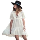 White Beach Cover Up V Neck Short Sleeve Bikini Swimsuit Beachwear Dress