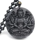 Natural Obsidian Pendant Carved jewelry Black Guanyin Buddha Necklace HYSD17