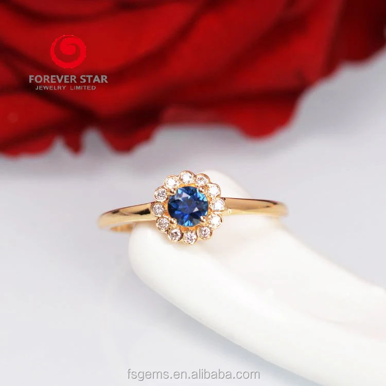 Beautiful Flower Style 925 Sterling Silver 18K Gold Plated Round Synthetic Sapphire and White Cubic Zirconia Finger Ring