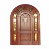 China Suppliers Double Entry Solid Black Walnut Wood Door Wrought Iron Double Entry Door Arch Top Glass Front Door