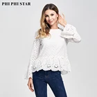 Boho fashion plain o neck embroidery elegant lace Cotton tops women ruffle hem Petal Sleeve Eyelet blouse ladies