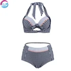Jacquard High Waist Underwire Gathered Plus Size Striped Swimwear Women Sexy Bikini