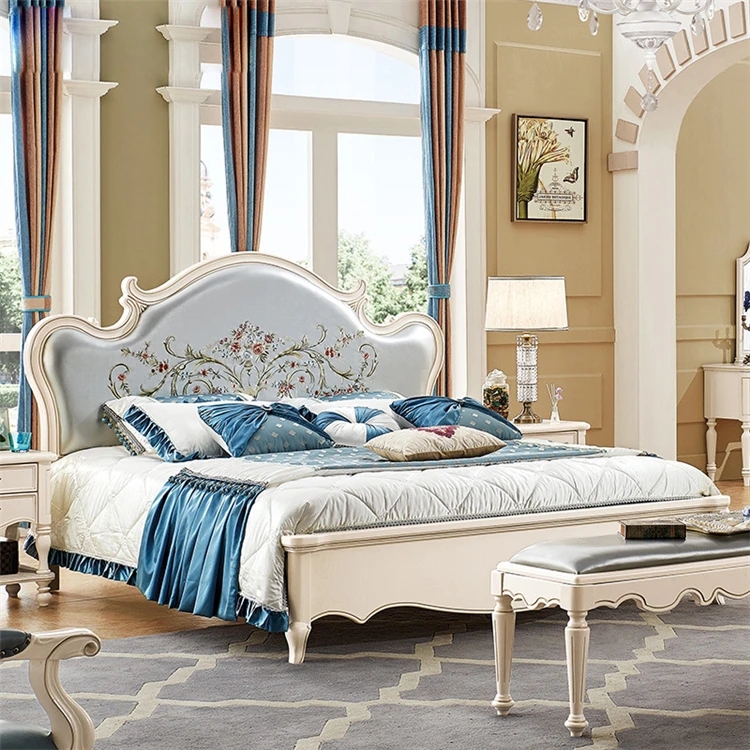 Luxo Americano Europa Design moderno mobília do quarto de madeira duplo branco marfim tamanho Estofados cabeceira cama de couro Macio PU