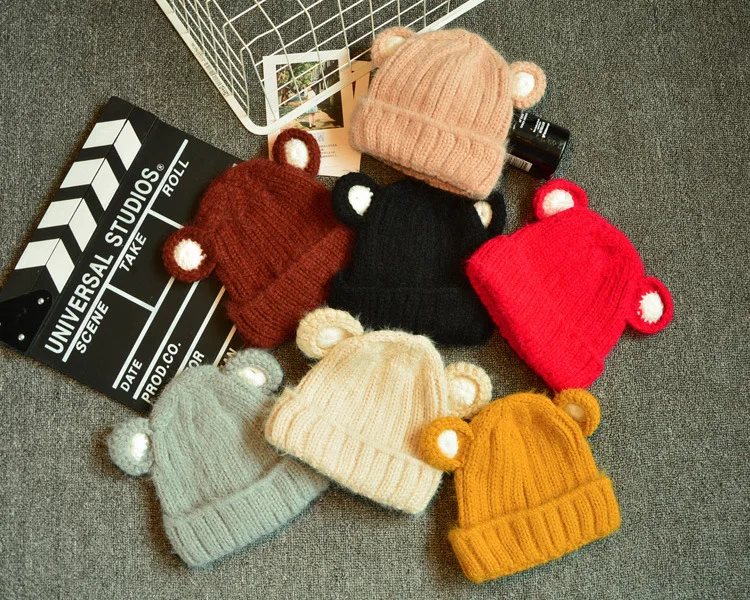 Wool Yarn Skullies Beanie Knitted Hat Cap Earmuffs Kids Winter Hat Lovely Cat Ears Baby Hat EA048