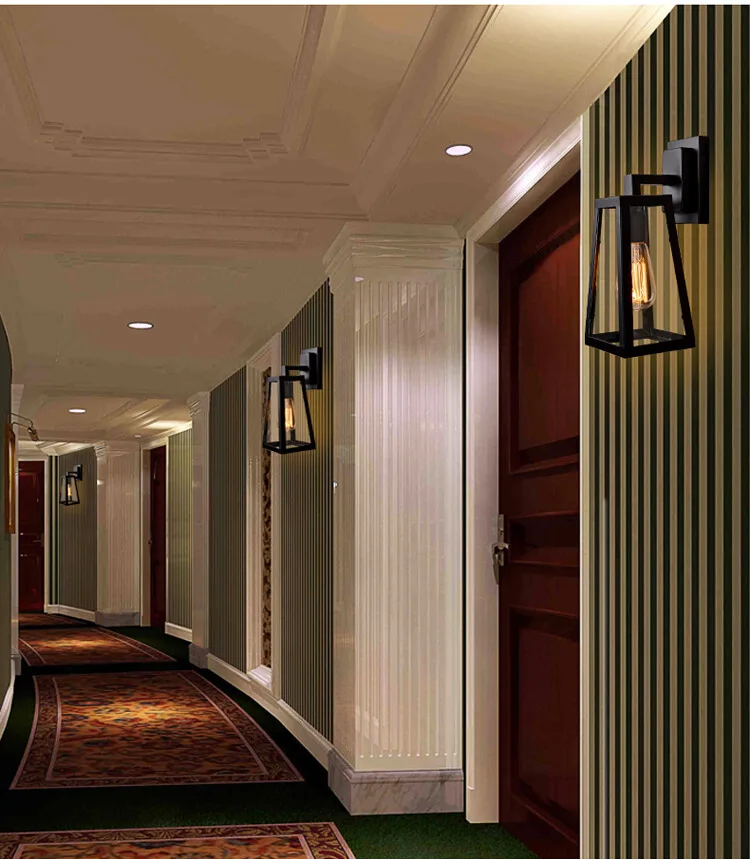 Retro Industrial Wall lamp Antique Matte Black Iron Lantern Outdoor Wall Sconce hotel