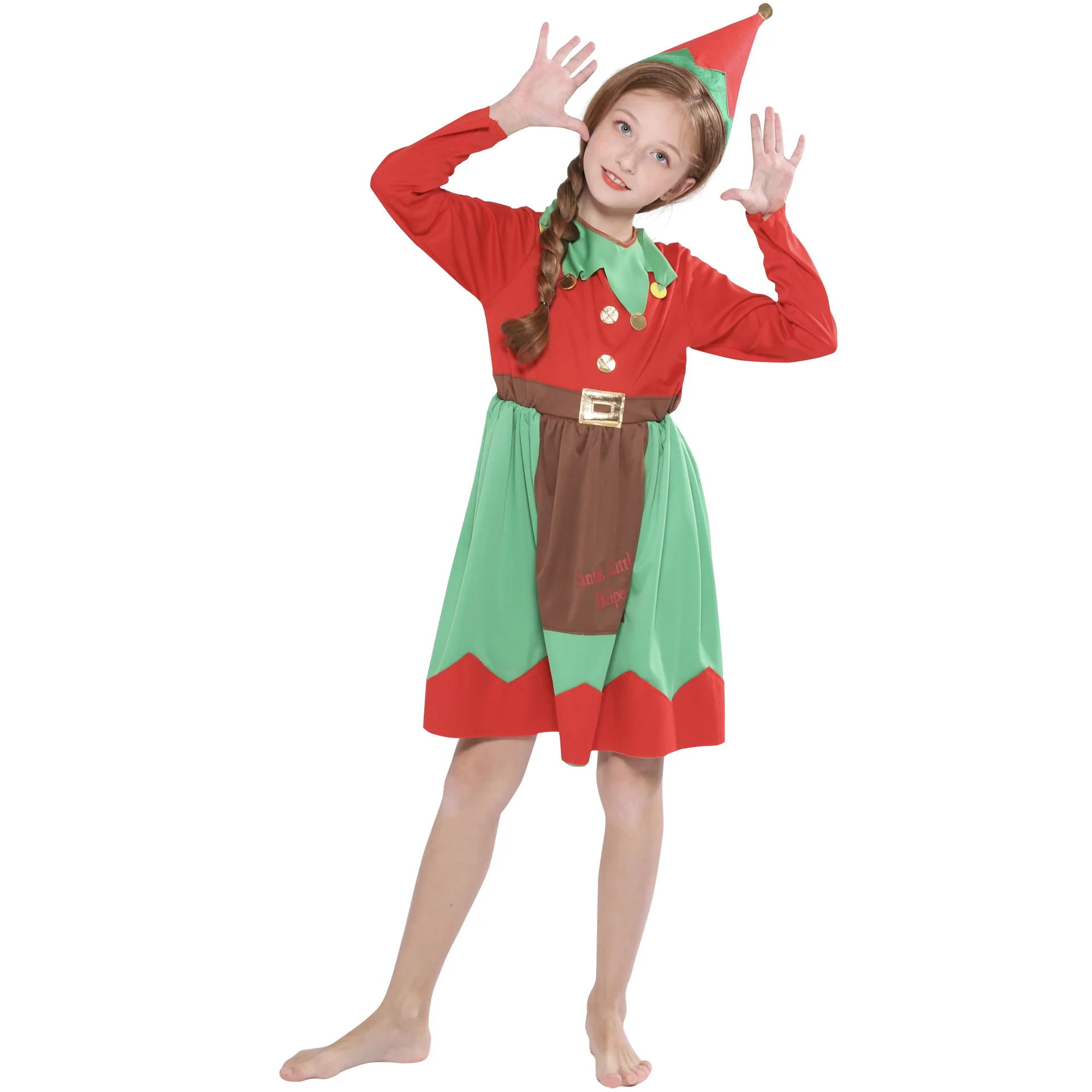 В наличии Рождество эльфы костюм обувь для девочек с длинным рукавом по колено красный зеленый платье шляпа 2 шт. костюмы