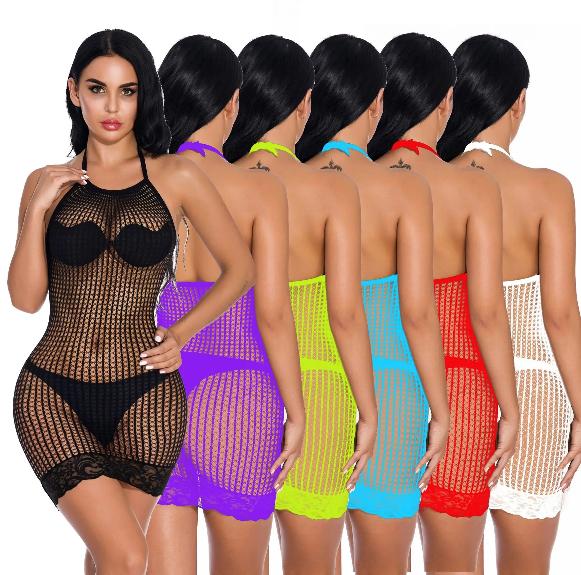 Women Lingerie Fishnet Babydoll Halter Stretch Chemise Bodystocking