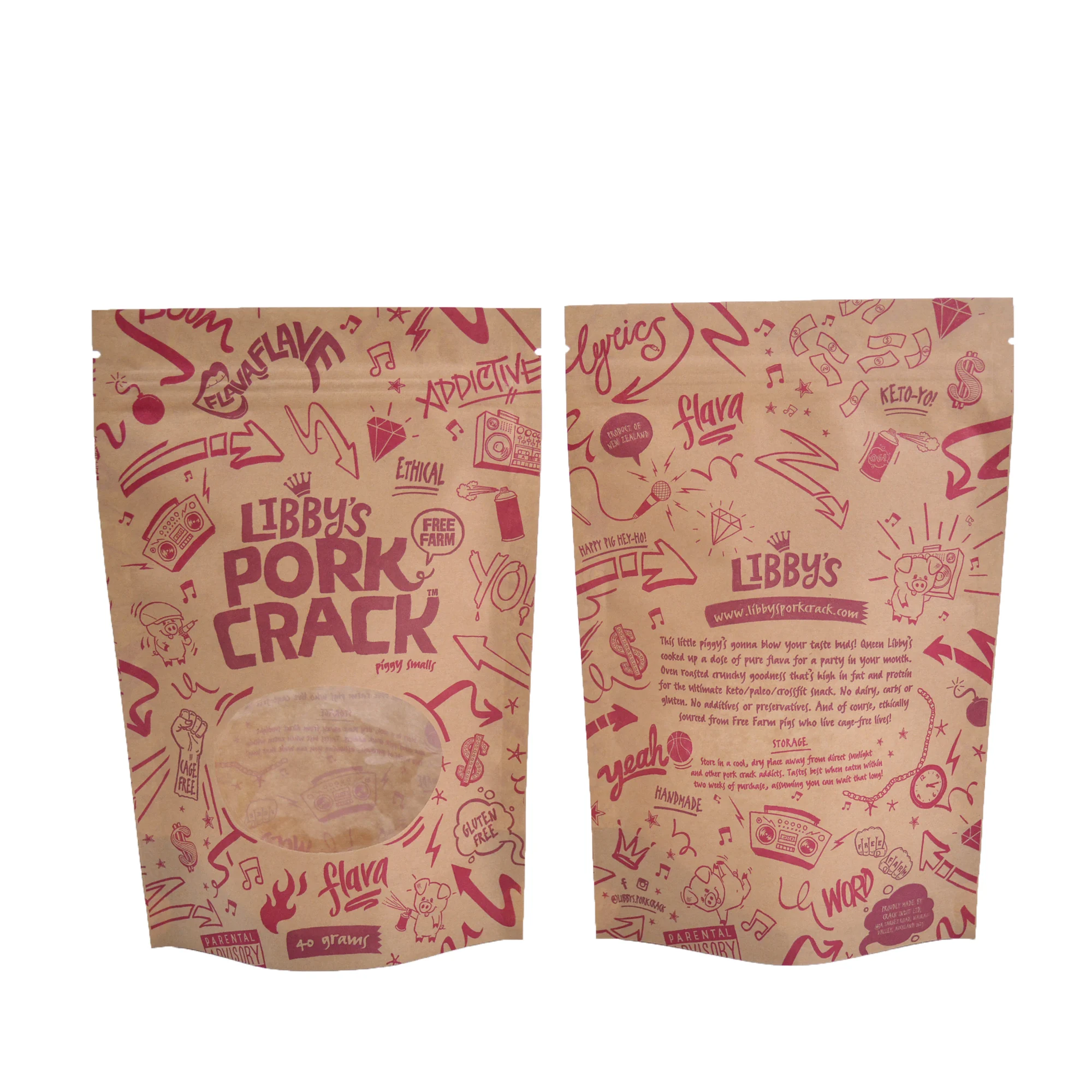 stand up kraft paper food bag with window snack bag with zipper