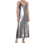 Stylish Lady V Neck Metallic Spaghetti Strap Wrap Silver Long Dresses