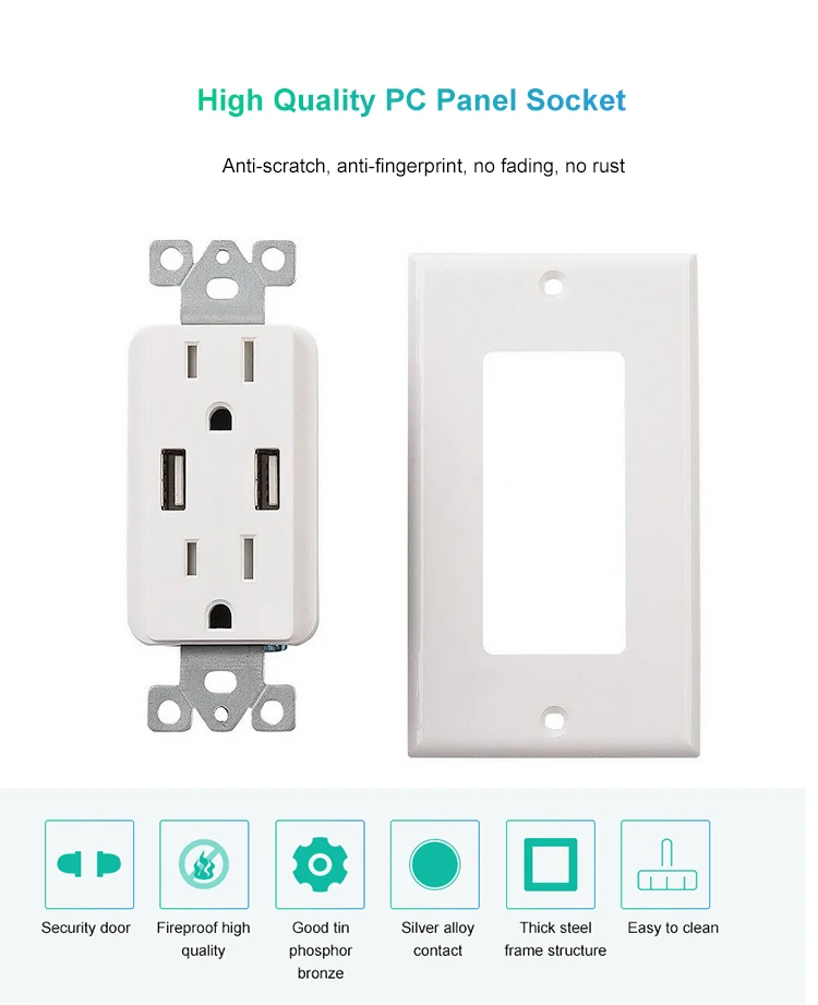 American/Canada US plug 15A/125V electric with 2 USB 2.1A charging ports wall socket
