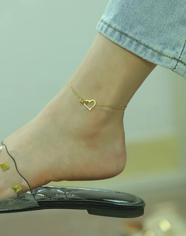 gold plated body jewelry stainless steel heart charm LOVE letters ring circle diamond anklet anklets stainless steel women