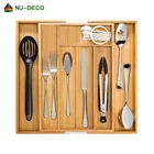 100% Natural Bamboo stretchable Kitchen Adjustable Cutlery Tray Drawer Organizer With Knife Block