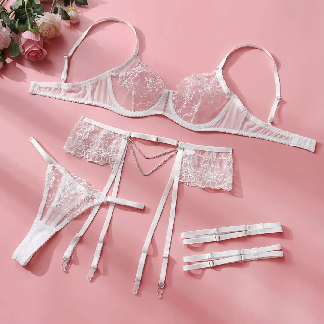 5 Pcs Set Women Underwire Lingerie Set Chain Linked Garter Lingerie