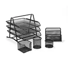 Desktop Office black powder coated Metal Mesh Desk Stationery Mesh Office Desk Organizer - 5 Piece Set