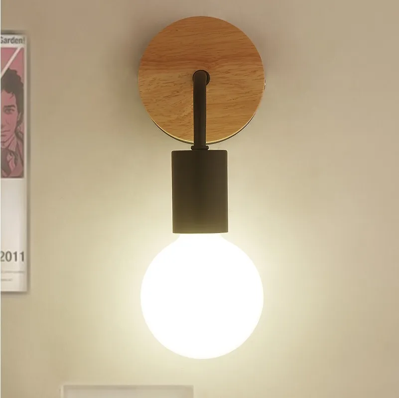 Minimalist Exposed Bulb Single-Light Wood Round Backplate Indoor Wall Lamp