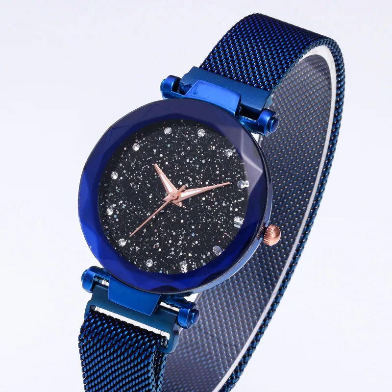 Top Brand Wristwatch Rose Gold Mesh Magnet Buckle Starry Quartz Watch Geometric Surface Casual Women Quartz Wristwatch N0056