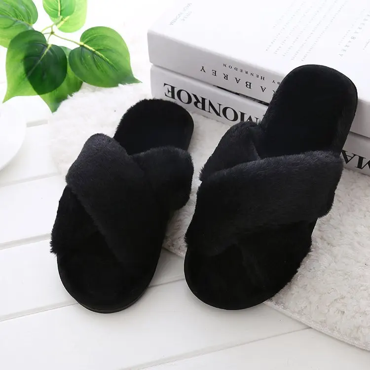 Winter Women Home Slippers with Faux Fur Fashion Warm Shoes Woman Slip on Flats Female Slides