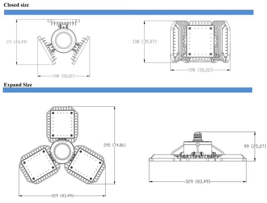 Energy Saving ETL approved CRI80 80W 100W LED deformable garage light with adjustable panels