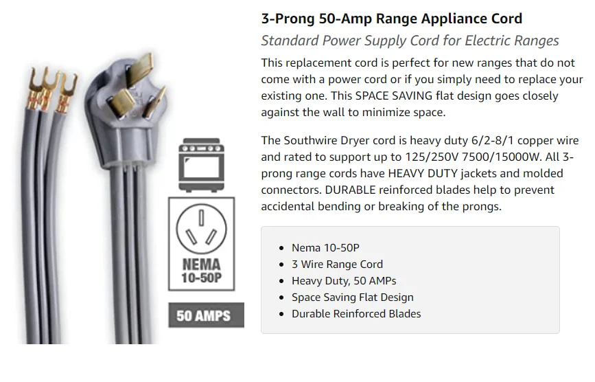 4'  range cords  40/50Amp  3 Wire 10AWG/3C  Gray