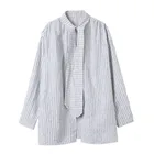 Size Well Design Black Striped Stand Collar Neck Tie Plus Size Long Shirts For Women