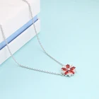 Rhodium Plated Sterling Silver Red Cubic Zirconia Tiny Flower Daisy Charms Necklace