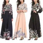 Autumn Hot Selling Floral Print Long Sleeve Islamic Slimming Woman Long Maxi Dress Evening Muslim Dress