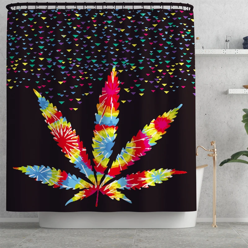 Leaf waterproof polyester fabric 4 piece bathroom rug mat and shower curtain sets
