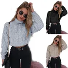 wholesale ladies fleece sexy crop top women long sleeve slim umbilical twist turtleneck short sweater for party