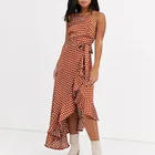 Satin Printed Polka Dot Ruffle Tie Front Dress for Women