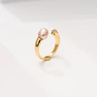 New arrival 14k 18k 22k gold plated white gold three stone cubic zircon freshwater pearl open adjustable ring