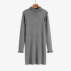 Hot Selling Winter Women Turkey Office Long Sleeve Ruffled Collar Mock Neck Straight Line Loose Tunic Knitted Dresses