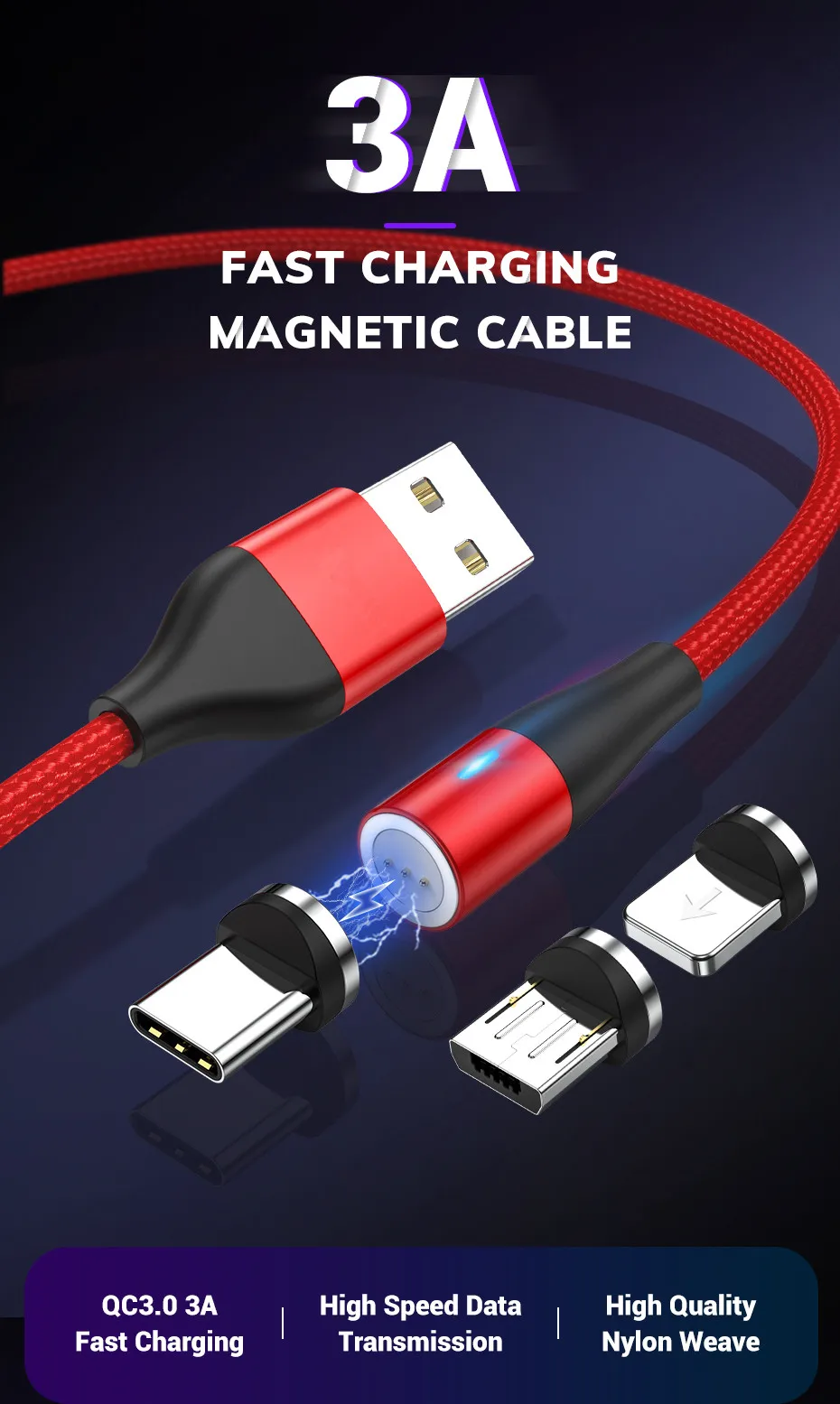 QC3.0 LED Magnetic Fast Charging Cable Data Sync 3A Magnet USB Charger for iPhone Micro USB Type C - ANKUX.COM