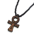Retro Style Men Women Cross Christ Wooden Rosary Bead Pendant Woven Rope Necklace