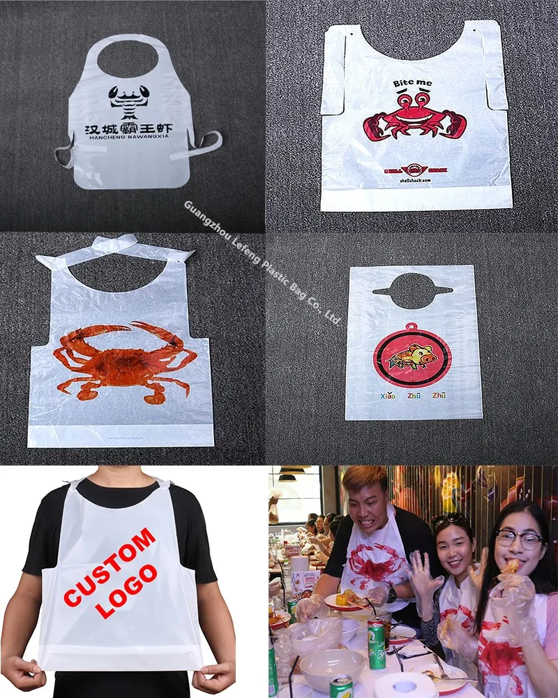 Wholesale Seafood Lobster Waterproof Adult Restaurant Aprons Custom Logo Disposable Plastic Crab Bibs For Adults Disposable 