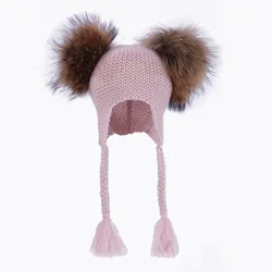 Kids warm Acrylic scarf set with fur pom pom beanie knitted winter hats for baby boys girls