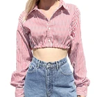 2019 Women Clothing Fashion Girls Sexy Tops Blouses Red Stripe Long Sleeve Ladies Crop Tops