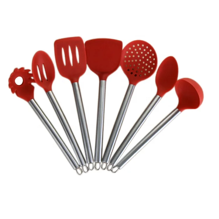 7 قطعة اللون الأحمر نونستيك أدوات المطبخ سيليكون تجهيزات المطابخ
