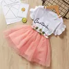 Toddler Girl Sets Petal Sleeve Cotton T shirt+Flower Appliques Tulle Skirt Baby Girl 2 Pieces Dresses Set Skirt and Top Set