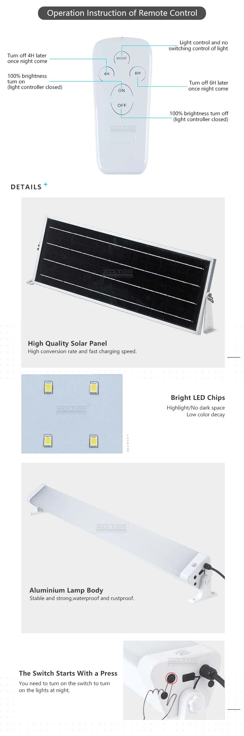 ALLTOP High quality residential lighting solar charge light smd 20w 40w 60w led solar tri proof light