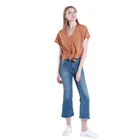 J&H OEM hot selling v-neck loose solid color top casual short sleeve blank t shirt