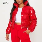 Women Neon Green Shinny Cropped Factory Wholesale Long Sleeve Women Bubble Winter Coat Puffer Jacket