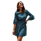 Women Fashion 3/4 Ruffled Sleeve Knit Autumn Clothing Mini Dress With Belt