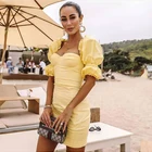 Cute Puff Sleeve Off The Shoulder Retro Yellow Dress Tunic