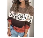 Sweater Printed Pattern Sweater Round Neck Casual Leopard Print Knit Long Sleeve Jumpers Women Sweater