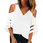 Women's V Neck Mesh Panel Blouse 3/4 Bell Sleeve Loose blouse women 2019 shirt